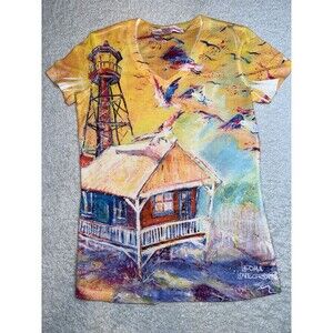 Leoma Lovegrove Women's Beach House Lighthouse Shirt Top Size Small Art to Wear